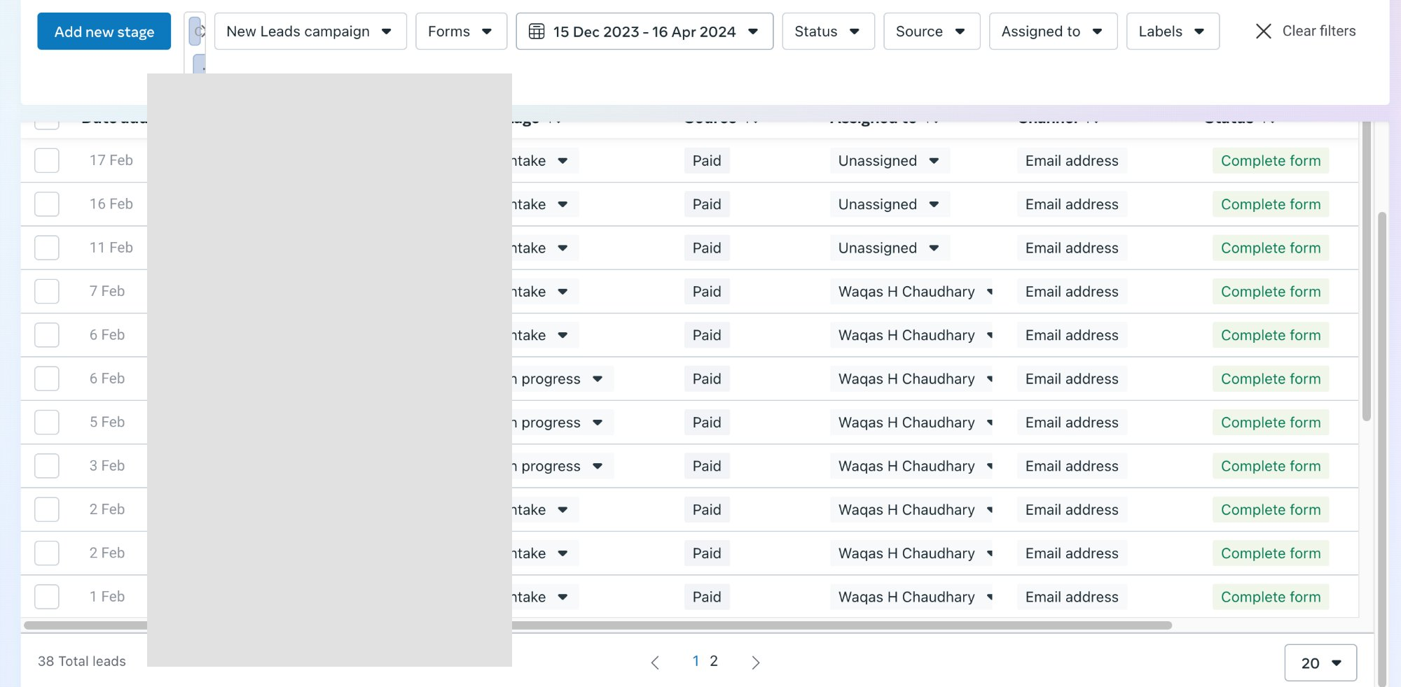 AHI Clinic CRM — 38 leads (names redacted)